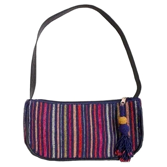 Roller Rabbit Multi Stripe Beaded Tassel Canvas Shoulder Bag Navy Blue $128 NWT - Picture 1 of 4